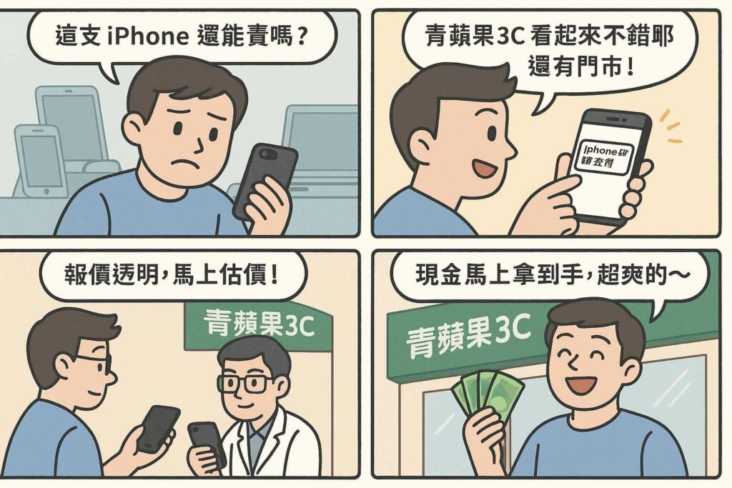 青蘋果3C 四格漫畫說明舊 iPhone 怎麼賣,從疑問到門市估價與拿現金