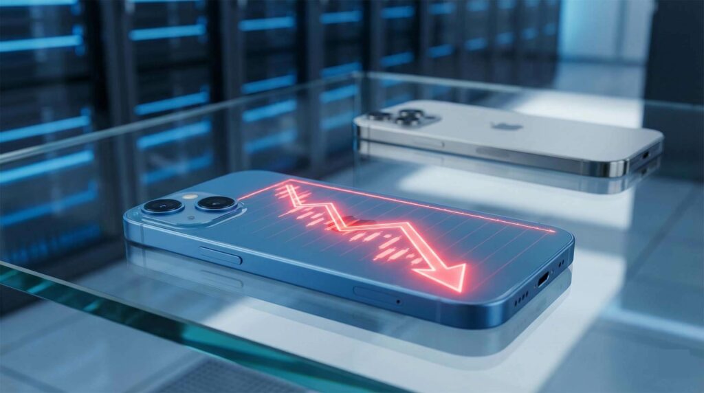 iPhone 14 Plus 藍色手機與下跌的價格趨勢線示意圖