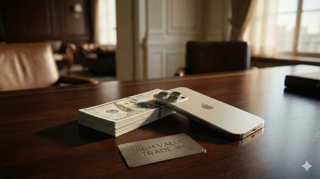 象徵高價回收的一疊現金擺在完美無瑕的 iPhone 旁邊 / A stack of cash symbolizing high-value trade-in placed next to a pristine iPhone.